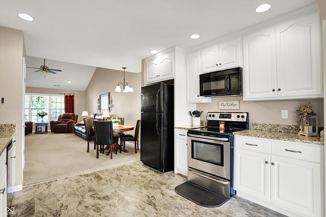 1056 Hilltop Commons Blvd, Whiteland, IN 46184 - kitchen with black appliances, open floor plan, ceiling fan, light stone counters, and white cabinets