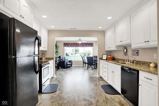 1056 Hilltop Commons Blvd, Whiteland, IN 46184 - kitchen with black appliances, a sink, white cabinets, recessed lighting, and ceiling fan