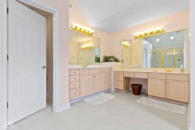 4763 Woods Edge Dr, Zionsville, IN 46077 - bathroom featuring a shower stall, vanity, and tile patterned flooring