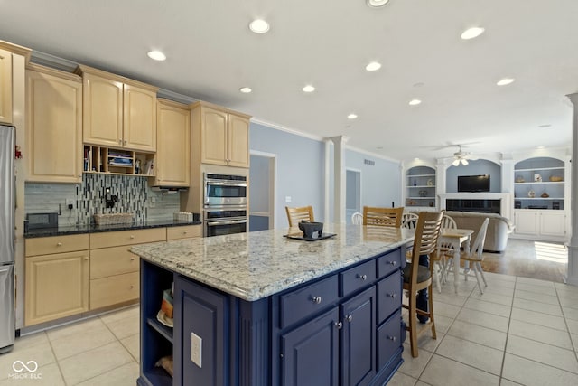 4763 Woods Edge Dr, Zionsville, IN 46077 - kitchen featuring open shelves, a ceiling fan, light tile patterned floors, a center island, and crown molding