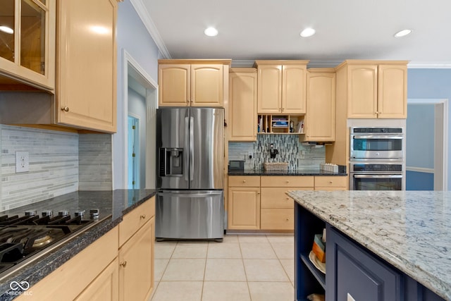 4763 Woods Edge Dr, Zionsville, IN 46077 - kitchen featuring appliances with stainless steel finishes, light brown cabinets, decorative backsplash, open shelves, and crown molding