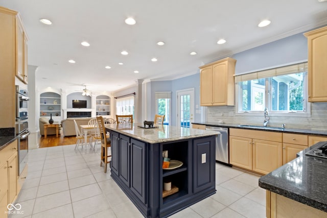 4763 Woods Edge Dr, Zionsville, IN 46077 - kitchen with light brown cabinetry, stainless steel dishwasher, ceiling fan, open floor plan, and ornamental molding