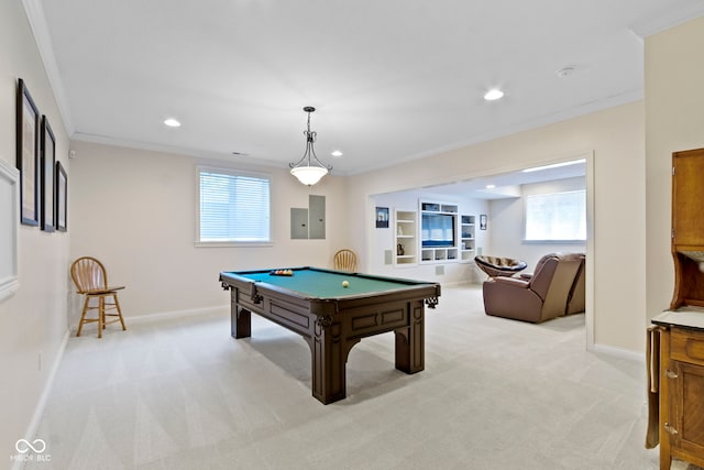 4763 Woods Edge Dr, Zionsville, IN 46077 - playroom featuring crown molding, billiards table, light colored carpet, and recessed lighting