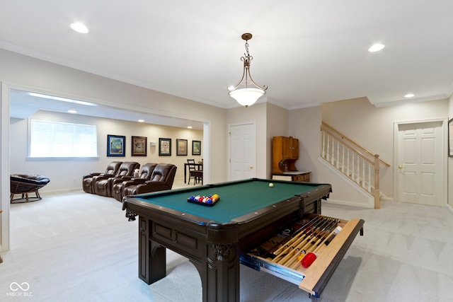 4763 Woods Edge Dr, Zionsville, IN 46077 - recreation room featuring light colored carpet, recessed lighting, billiards table, and ornamental molding