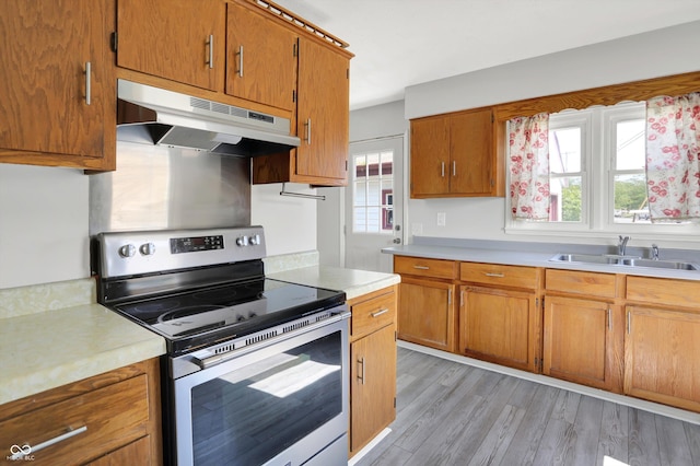 11 14th St, Franklin, IN 46131 - kitchen featuring stainless steel range with electric cooktop, under cabinet range hood, a sink, and plenty of natural light