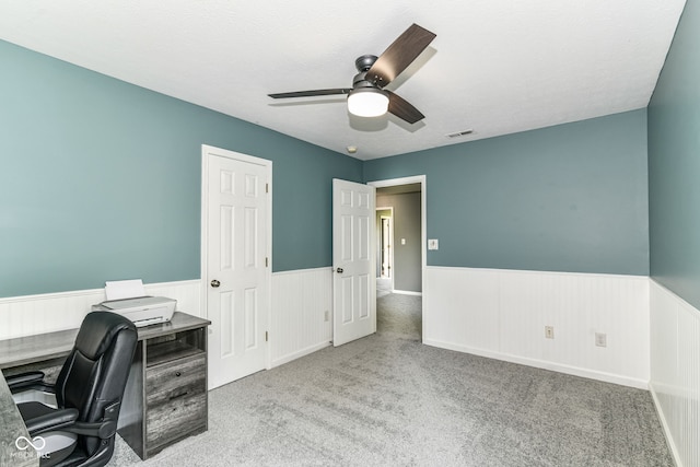 12343 Slate Dr, Fishers, IN 46037 - unfurnished office with wainscoting, a ceiling fan, and carpet floors