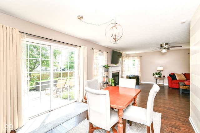 12343 Slate Dr, Fishers, IN 46037 - dining room featuring healthy amount of natural light, dark wood-style floors, and a fireplace