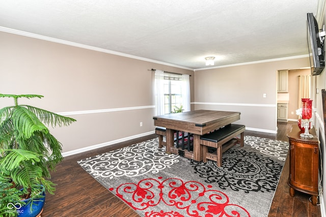 12343 Slate Dr, Fishers, IN 46037 - recreation room with dark wood-style flooring, ornamental molding, baseboards, and a textured ceiling
