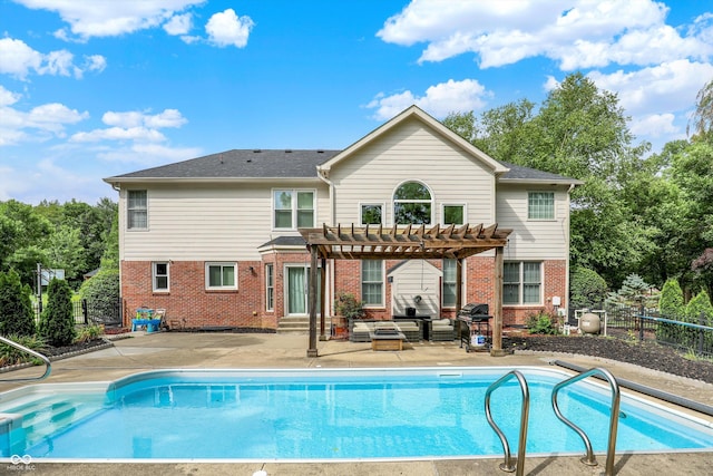 4075 Dartmoor Dr, Greenwood, IN 46143 - rear view of house featuring a pergola, brick siding, a patio area, and a fenced backyard