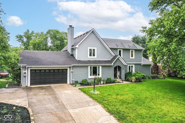 164 Wellington Pkwy, Noblesville, IN 46060 - traditional-style house with an attached garage, concrete driveway, a front yard, brick siding, and a chimney