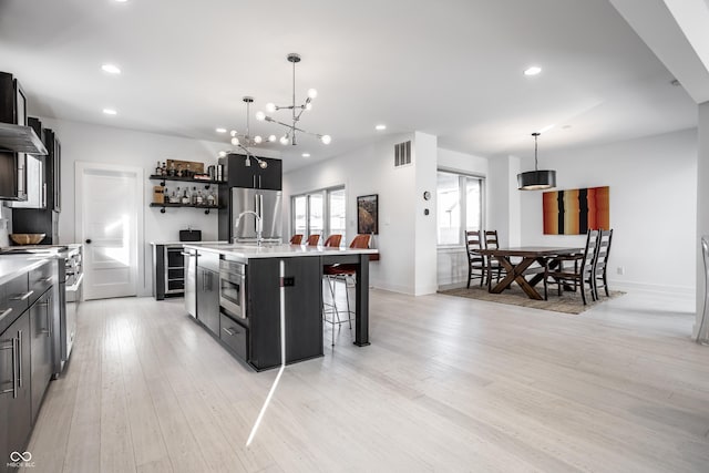 1622 Cornell Ave, Indianapolis, IN 46202 - kitchen featuring open shelves, a kitchen bar, light countertops, a kitchen island with sink, and appliances with stainless steel finishes