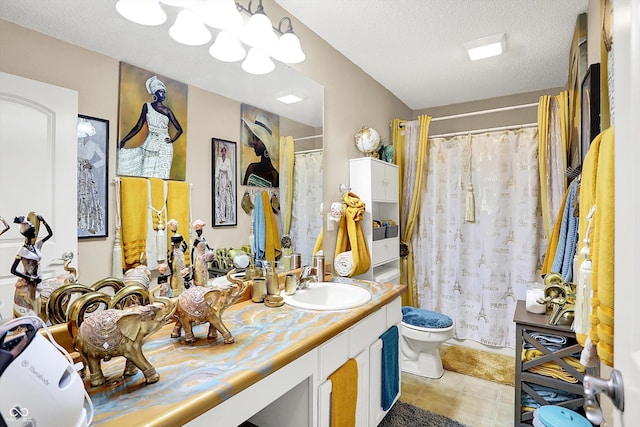 9605 Treyburn Green Way, Indianapolis, IN 46239 - bathroom with vanity, tile patterned floors, a textured ceiling, and a shower with shower curtain