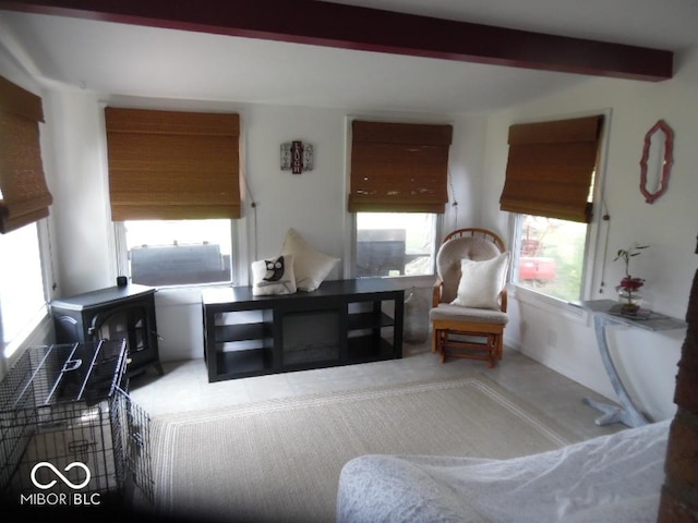 213 S Coventry Dr, Anderson, IN 46012 - living room with healthy amount of natural light, beamed ceiling, and a wood stove