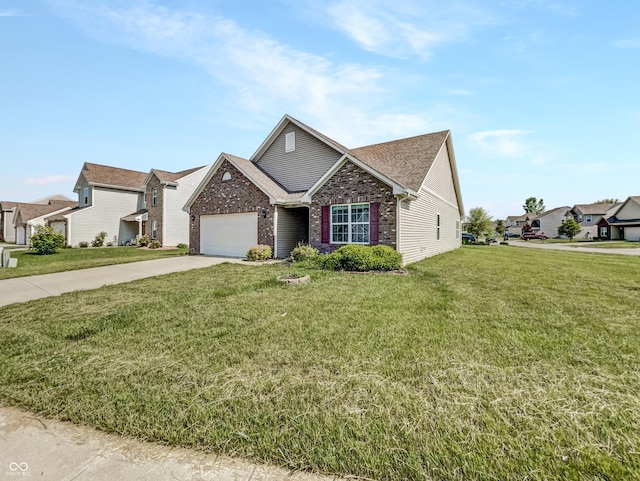 10112 James Run Dr, Indianapolis, IN 46239 - view of front of property featuring concrete driveway, brick siding, a front lawn, a garage, and roof with shingles