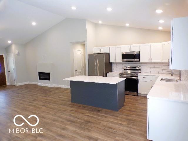 3204 N County Road 900 E, Seymour, IN 47274 - kitchen with stainless steel appliances, a sink, lofted ceiling, a center island, and wood finished floors