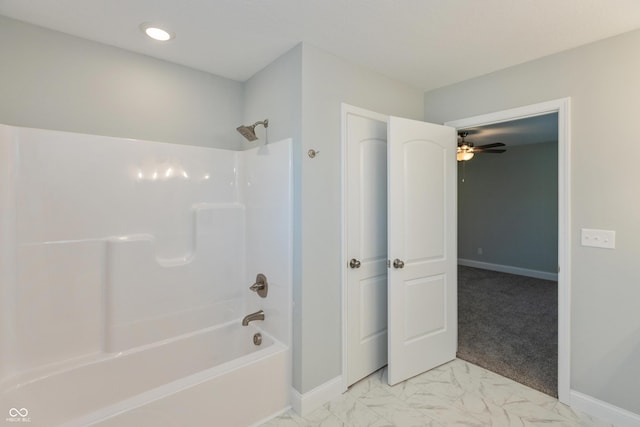 3204 N County Road 900 E, Seymour, IN 47274 - full bathroom with shower / bathtub combination, marble look tiles, and ceiling fan