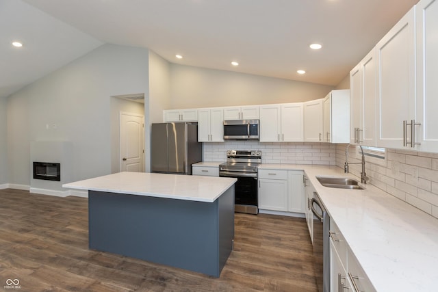 3204 N County Road 900 E, Seymour, IN 47274 - kitchen with stainless steel appliances, lofted ceiling, a center island, light stone counters, and dark wood-style floors