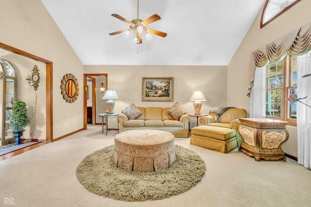6605 N Private Road 110 W, Brazil, IN 47834 - living room featuring carpet, high vaulted ceiling, and ceiling fan