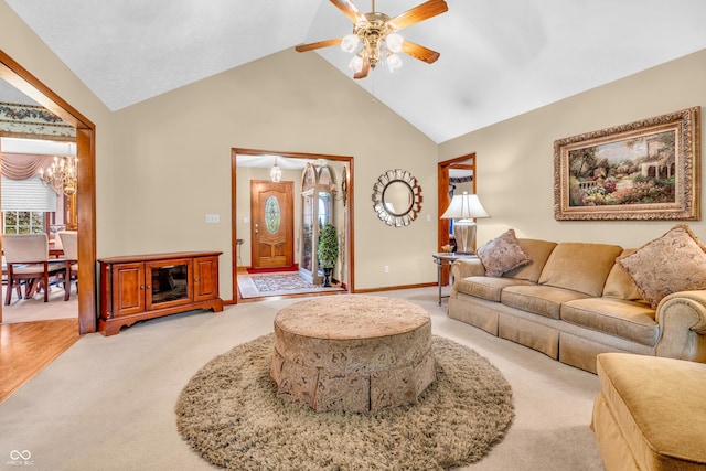 6605 N Private Road 110 W, Brazil, IN 47834 - living room with a chandelier, light colored carpet, high vaulted ceiling, and a ceiling fan