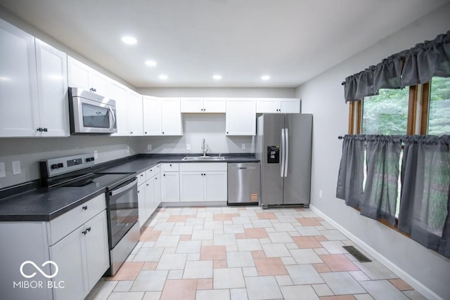 5840 N State Highway 7, Scipio, IN 47273 - kitchen featuring appliances with stainless steel finishes, a sink, dark countertops, recessed lighting, and white cabinetry
