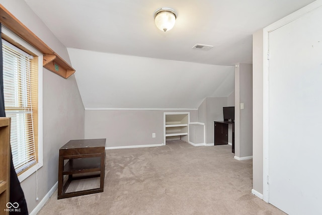 5110 S State Ave, Indianapolis, IN 46227 - additional living space featuring built in shelves, lofted ceiling, baseboards, and carpet floors