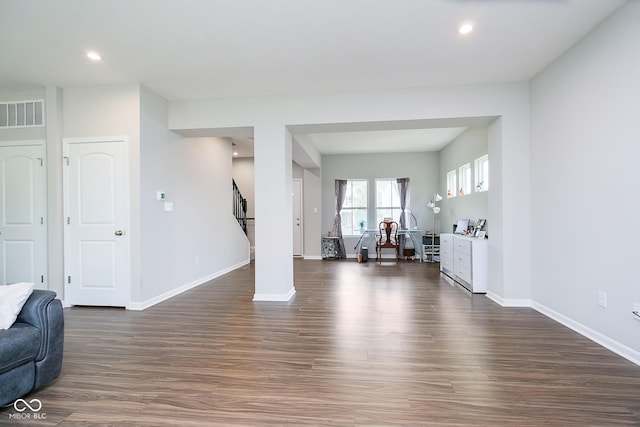 5335 Rum Cherry Way, Indianapolis, IN 46237 - living area with dark wood-style flooring, recessed lighting, and stairs