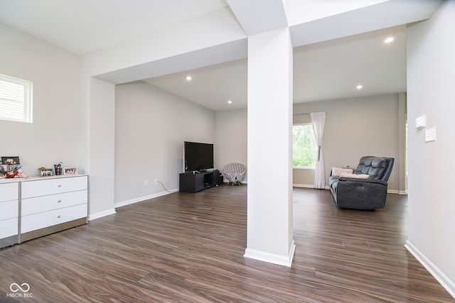 5335 Rum Cherry Way, Indianapolis, IN 46237 - living room featuring dark wood-style floors and recessed lighting