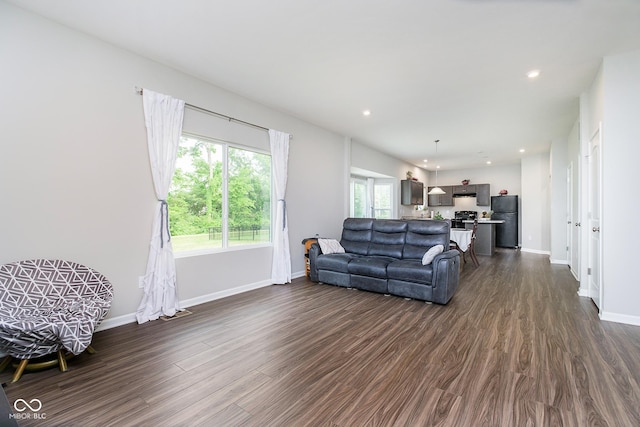 5335 Rum Cherry Way, Indianapolis, IN 46237 - living room featuring dark wood finished floors and recessed lighting