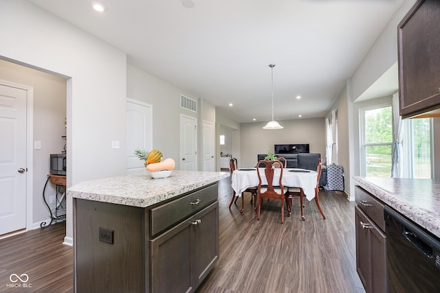 5335 Rum Cherry Way, Indianapolis, IN 46237 - kitchen featuring black dishwasher, dark wood-style floors, dark brown cabinets, light countertops, and recessed lighting