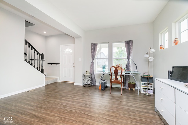 5335 Rum Cherry Way, Indianapolis, IN 46237 - foyer entrance with plenty of natural light, stairs, light wood-style floors, and recessed lighting