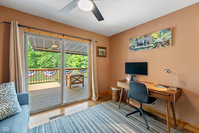 8426 N Chickadee Dr, Morgantown, IN 46160 - home office featuring wood finished floors, a ceiling fan, and baseboards