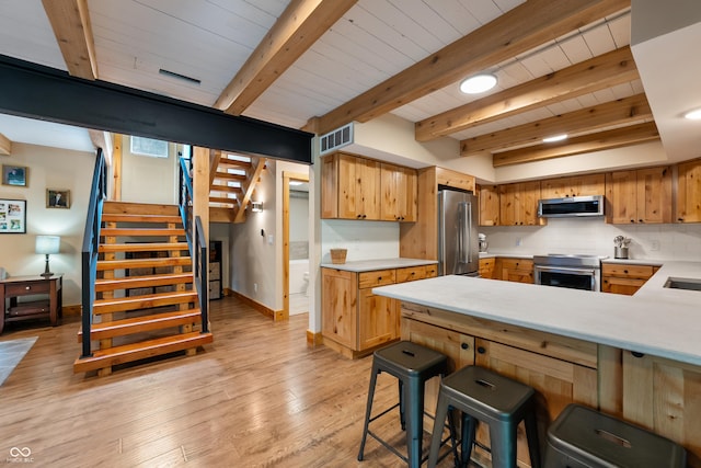 8426 N Chickadee Dr, Morgantown, IN 46160 - kitchen with appliances with stainless steel finishes, light countertops, a peninsula, baseboards, and wooden ceiling with exposed beams