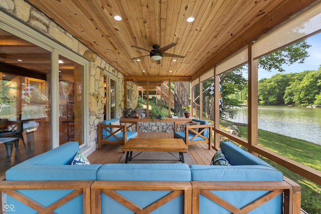 8426 N Chickadee Dr, Morgantown, IN 46160 - sunroom / solarium with an outdoor living space, a water view, a ceiling fan, and plenty of natural light