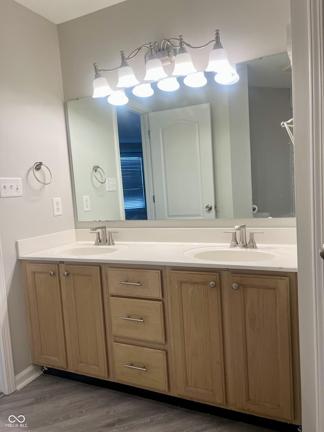 7532 Perilla Ct, Indianapolis, IN 46237 - bathroom with double vanity, wood finished floors, and baseboards