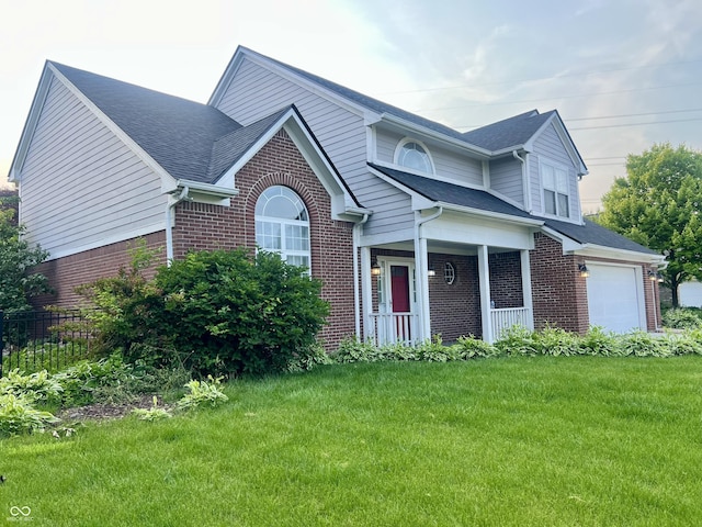 7532 Perilla Ct, Indianapolis, IN 46237 - traditional-style house with brick siding, roof with shingles, an attached garage, and a porch