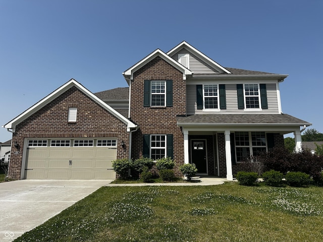 1218 Bedford Dr, Avon, IN 46123 - traditional-style house featuring a front yard, brick siding, driveway, a garage, and roof with shingles