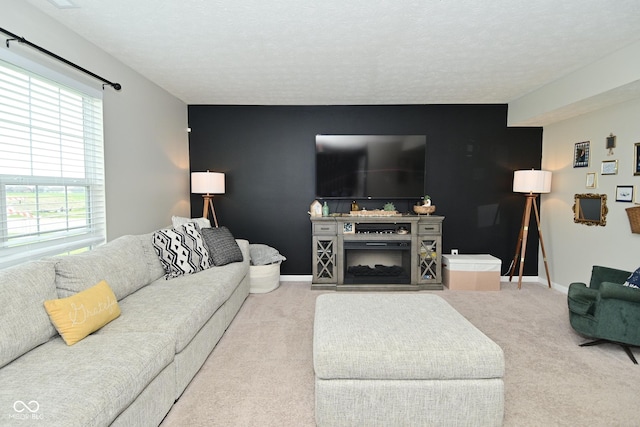 680 Albermarle Dr, Pittsboro, IN 46167 - living area with carpet floors, an accent wall, baseboards, and a textured ceiling