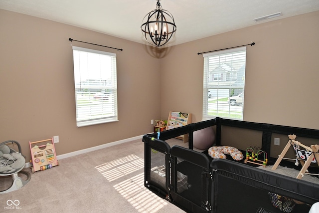 680 Albermarle Dr, Pittsboro, IN 46167 - bedroom featuring multiple windows, a chandelier, carpet, and baseboards