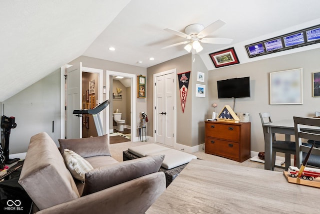 1295 Maclaren Ct, Franklin, IN 46131 - living room with vaulted ceiling, ceiling fan, recessed lighting, and baseboards