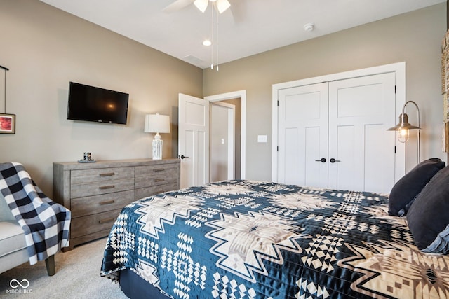 1295 Maclaren Ct, Franklin, IN 46131 - bedroom featuring light colored carpet, a closet, and a ceiling fan