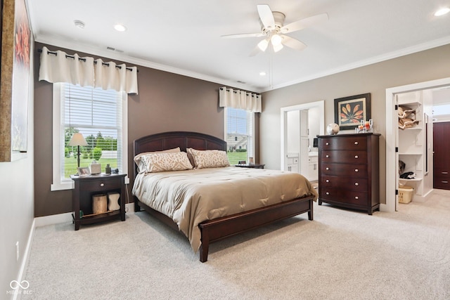 1295 Maclaren Ct, Franklin, IN 46131 - bedroom with light colored carpet, ornamental molding, ensuite bathroom, recessed lighting, and baseboards
