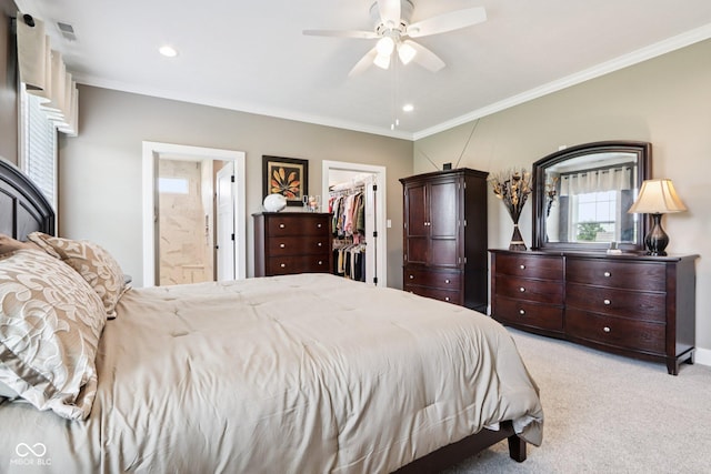1295 Maclaren Ct, Franklin, IN 46131 - bedroom with a spacious closet, light colored carpet, crown molding, connected bathroom, and a closet