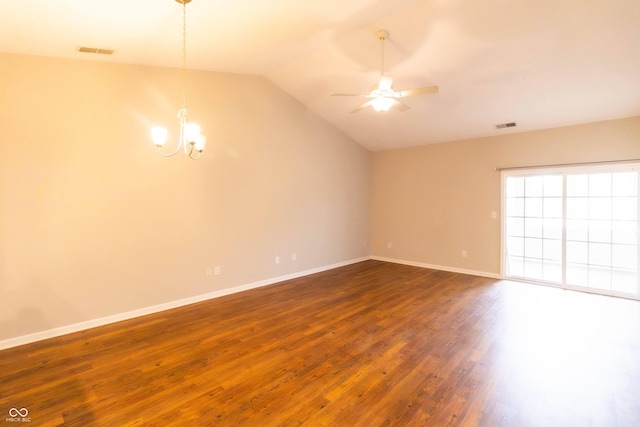 4291 Washington Blvd, Plainfield, IN 46168 - empty room featuring ceiling fan, a chandelier, vaulted ceiling, dark wood-style floors, and baseboards