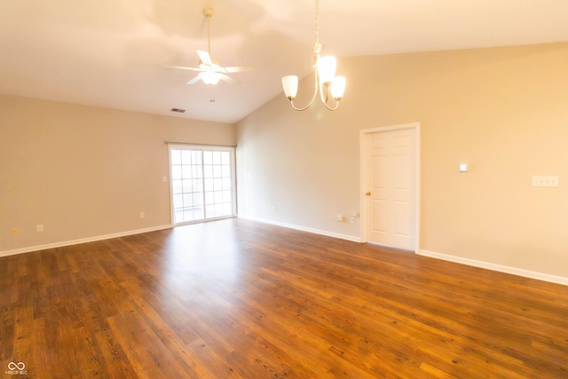 4291 Washington Blvd, Plainfield, IN 46168 - empty room featuring a chandelier, lofted ceiling, dark wood-style floors, a ceiling fan, and baseboards
