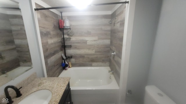 7879 Main St, Coatesville, IN 46121 - bathroom with vanity, shower / tub combination, toilet, and wood walls
