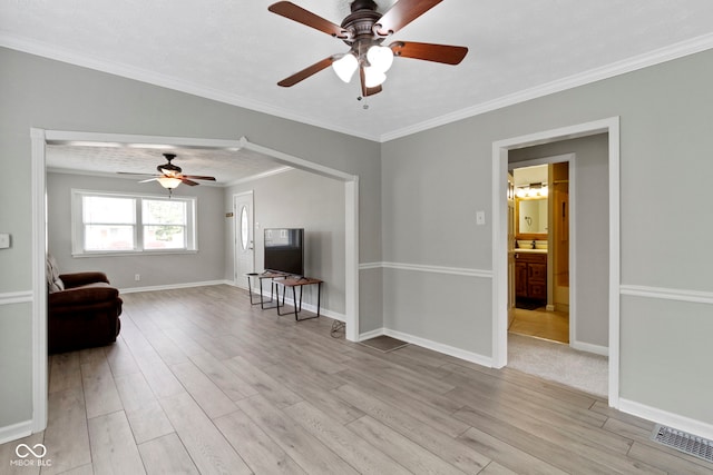 141 S 9th Ave, Beech Grove, IN 46107 - living room with a ceiling fan, light wood-style floors, baseboards, and ornamental molding