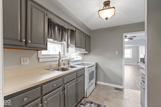141 S 9th Ave, Beech Grove, IN 46107 - kitchen featuring white range with electric cooktop, gray cabinetry, a sink, a ceiling fan, and baseboards