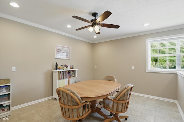 16802 Oak Manor Dr, Westfield, IN 46074 - dining area featuring recessed lighting, a ceiling fan, ornamental molding, and baseboards