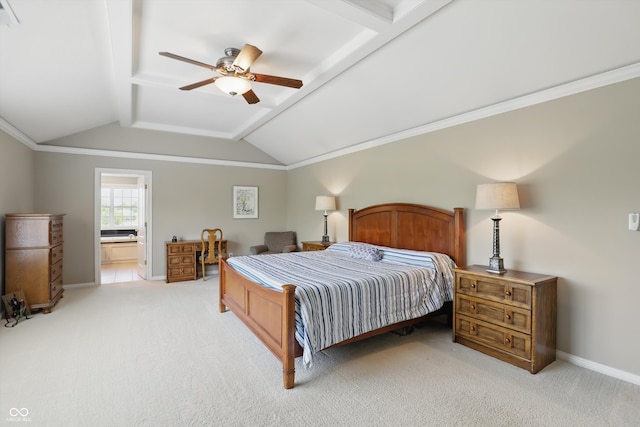 16802 Oak Manor Dr, Westfield, IN 46074 - bedroom featuring lofted ceiling, light colored carpet, baseboards, connected bathroom, and ceiling fan