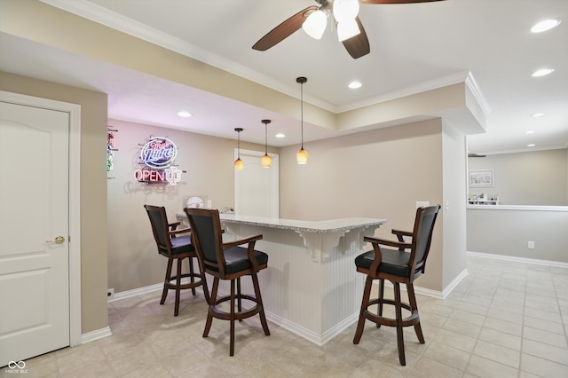 16802 Oak Manor Dr, Westfield, IN 46074 - indoor bar with ornamental molding, a ceiling fan, recessed lighting, decorative light fixtures, and baseboards